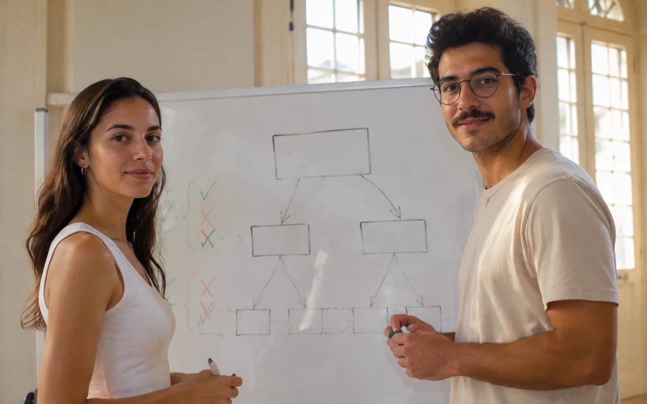 Dupla em pé diante do quadro branco, com um argumento rascunhado a caneta